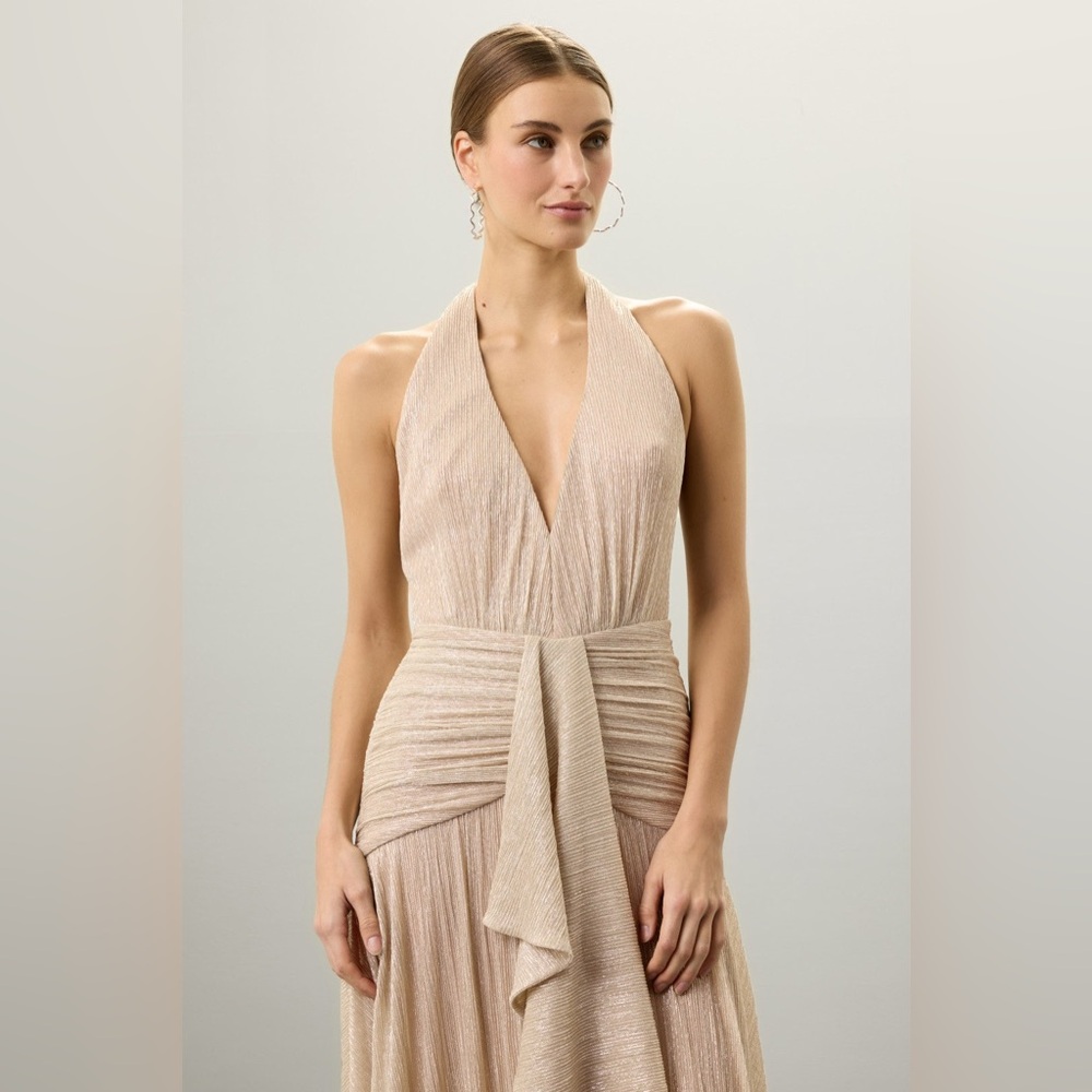 PatBO Champagne Halter Backless Evening Gown